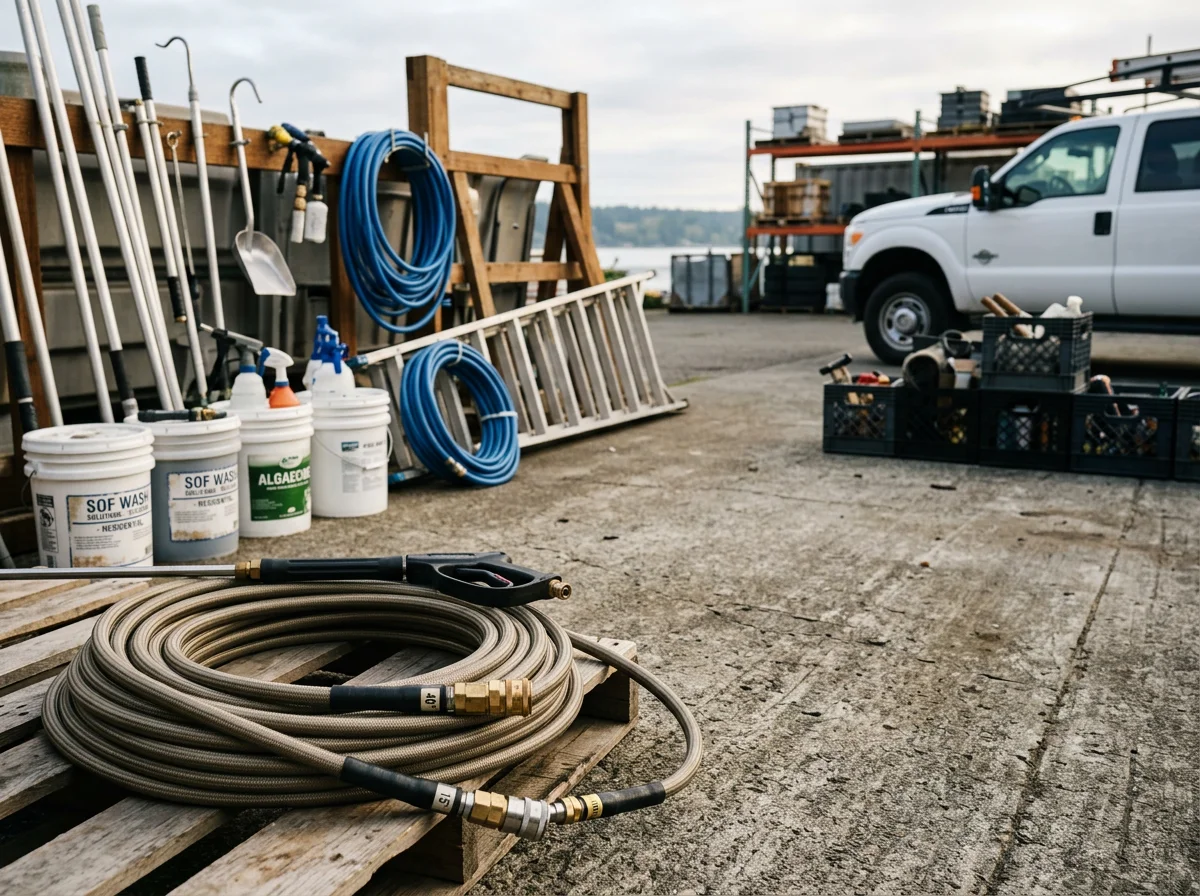 Professional exterior cleaning equipment and tools staged for service readiness, showcasing soft wash and gutter cleaning capabilities.