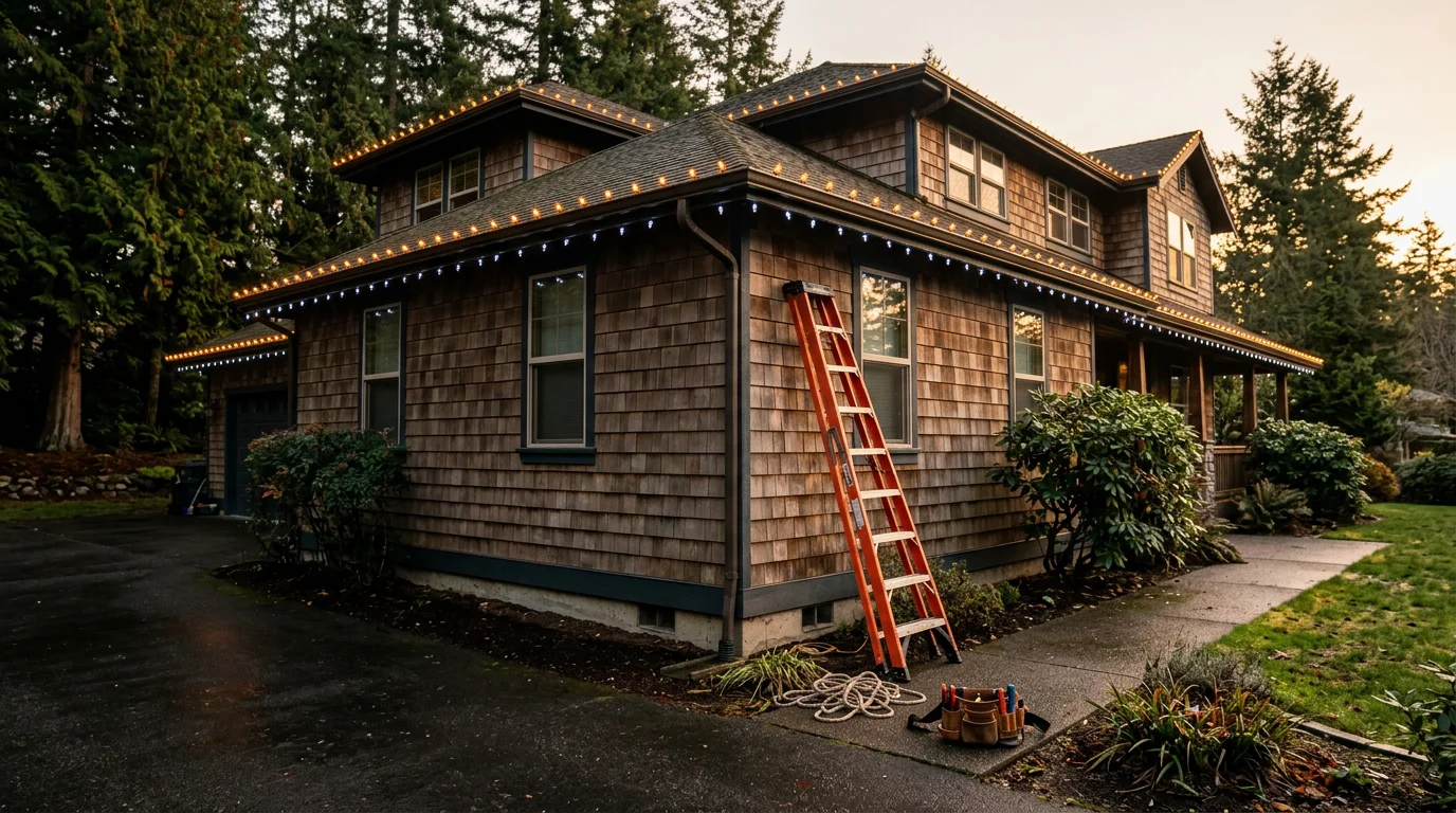 Professional holiday lights installed on a Port Orchard home's roofline and landscaping