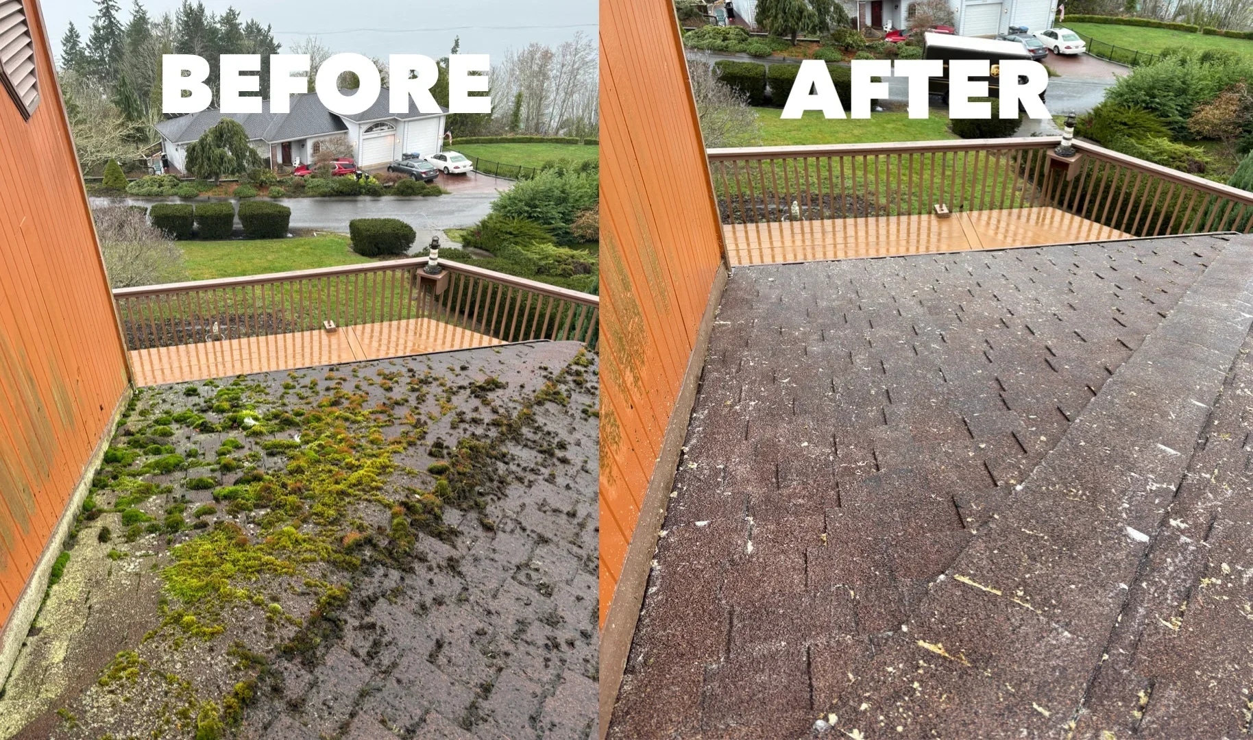 Before and after pressure washing of composite deck with moss and algae removal