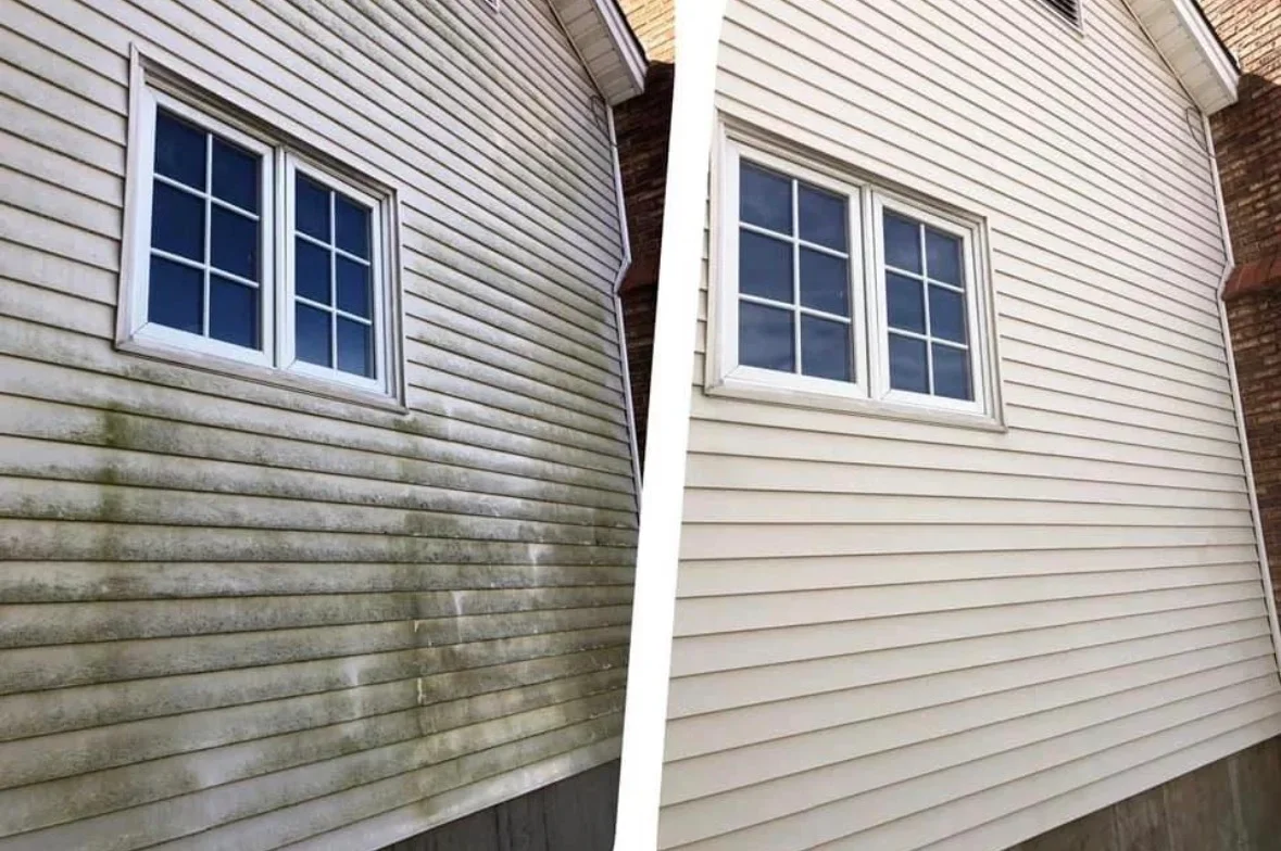 Before and after vinyl siding pressure washing, algae and mold removal