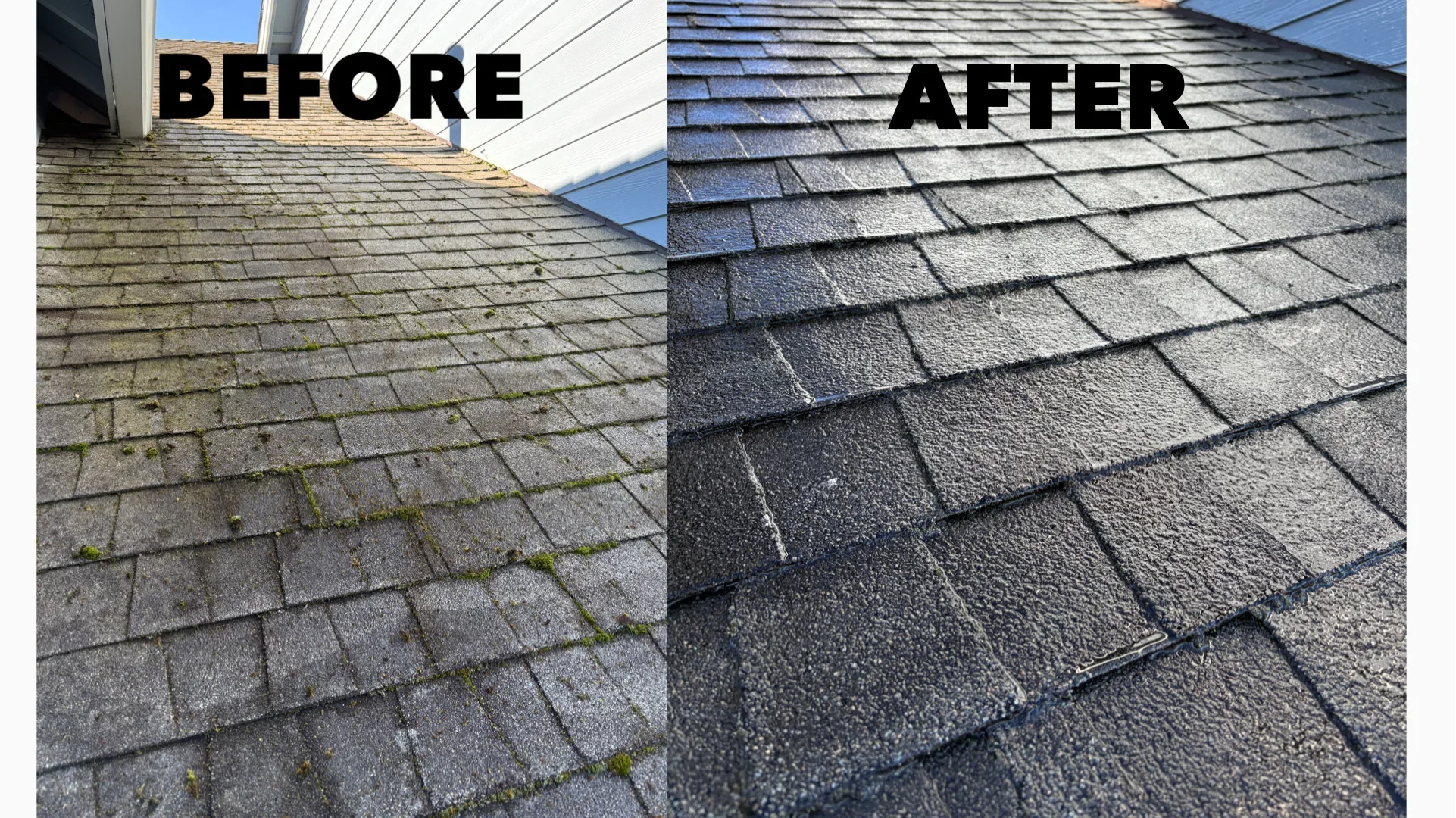 Before and after roof cleaning showing moss removal from asphalt shingles using pressure washing