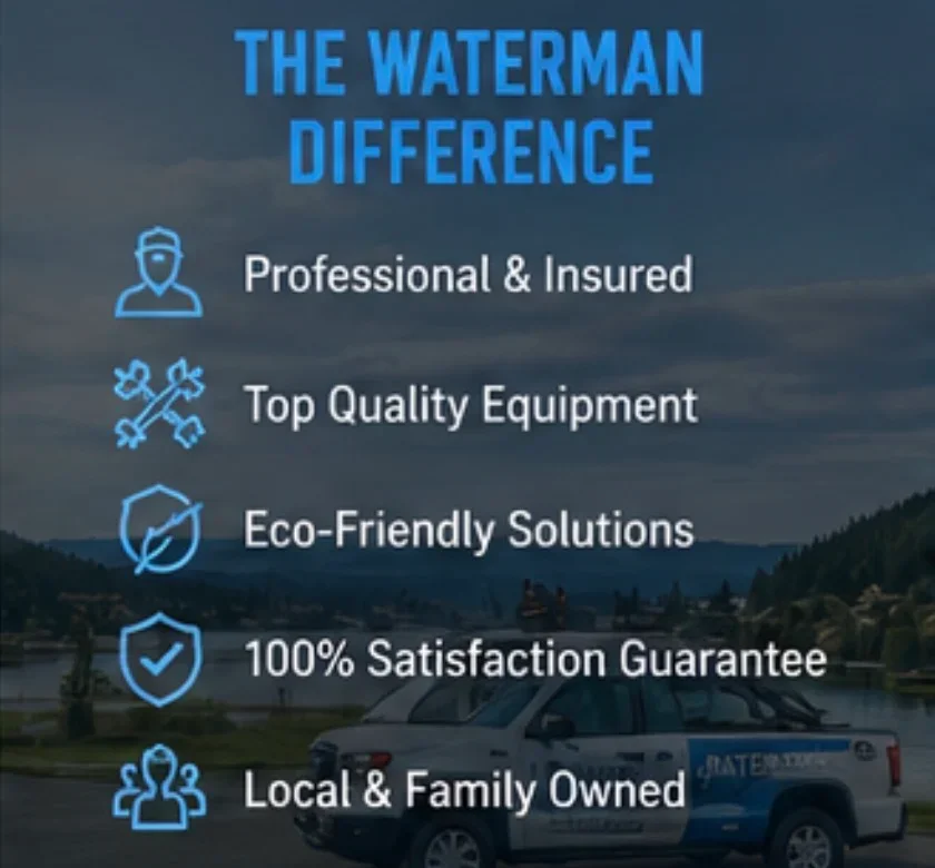 Marketing display with service icons and text highlighting professional, insured, quality equipment, eco-friendly, and satisfaction guarantee messaging
