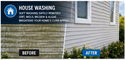 Before and after soft washing of vinyl siding showing removal of mold, mildew, and algae buildup