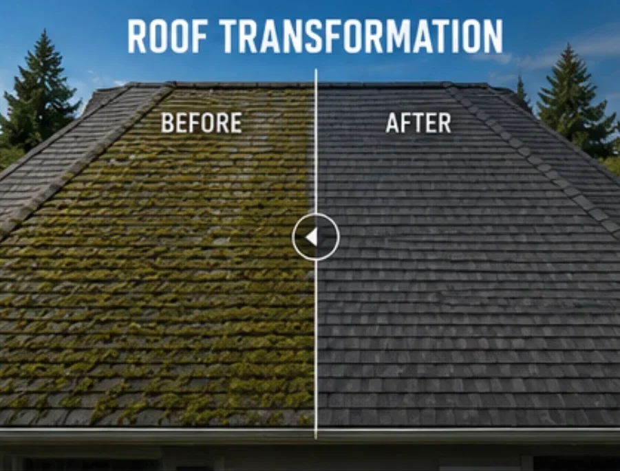 Before and after roof cleaning showing moss removal from asphalt shingles