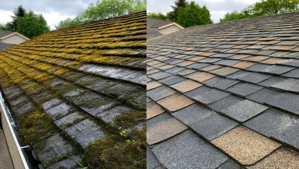 Before and after roof cleaning showing moss removal and asphalt shingle restoration