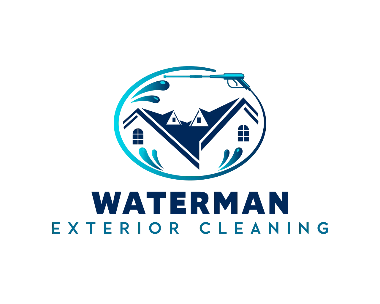 Logo design with house silhouette, water spray elements, and pressure washing wand in navy and turquoise
