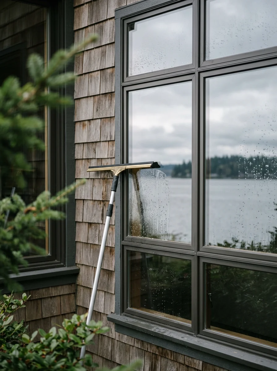 Exterior window cleaning on a Bainbridge Island waterfront home near Winslow, with salt haze and mineral film being removed from large west-facing glass panels overlooking Puget Sound.