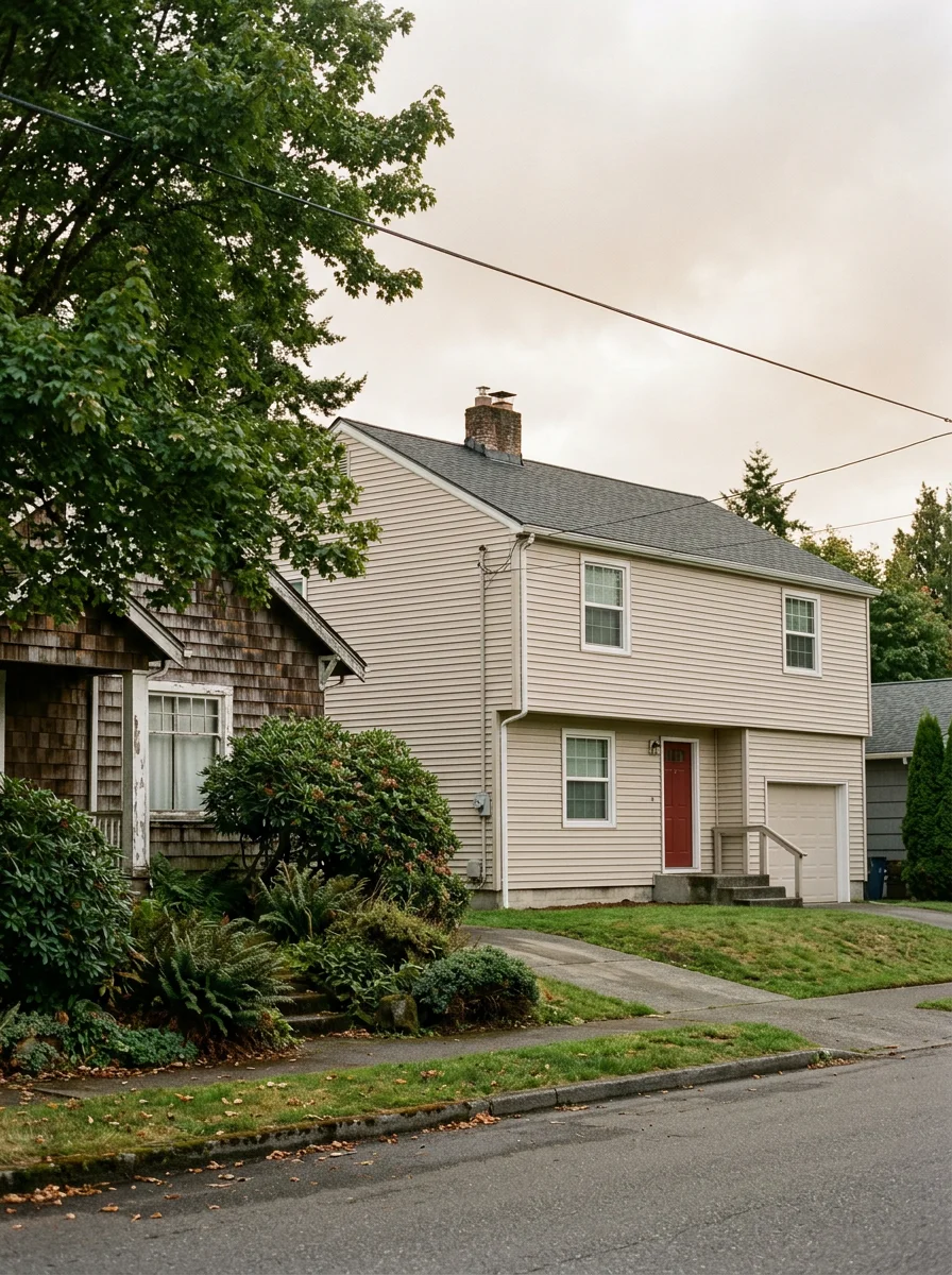 Before-and-after view of a Bremerton home's siding after house washing, showing dark algae streaking removed from older vinyl siding on a mid-century residential street.