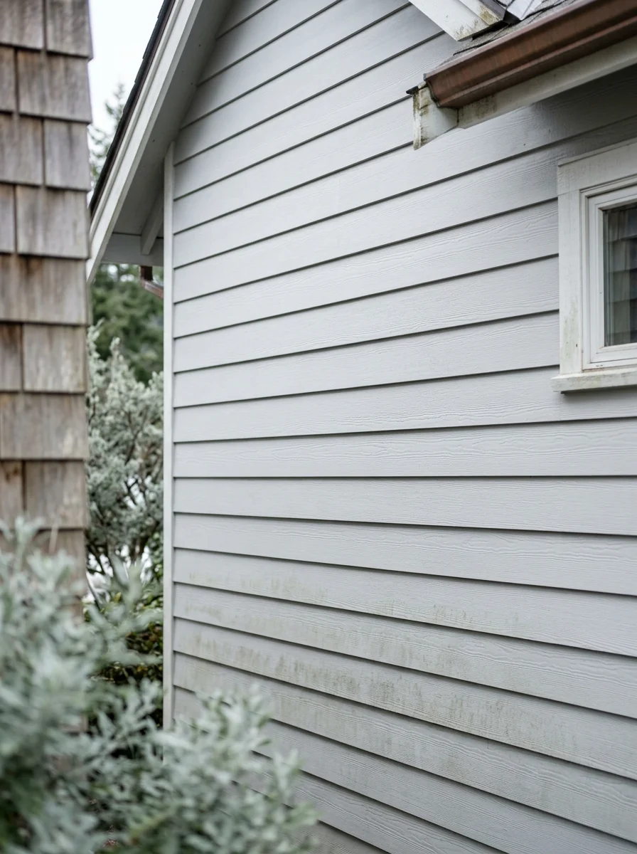 Clean exterior siding on a Gig Harbor home after house washing, showing removed algae streaks on light-colored lap siding near the waterfront.
