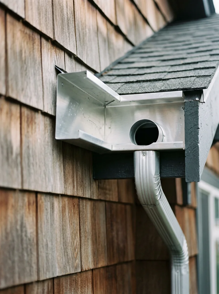 Close-up of a clean gutter on a Port Orchard home after professional gutter cleaning, with fir needles removed and downspout clear.