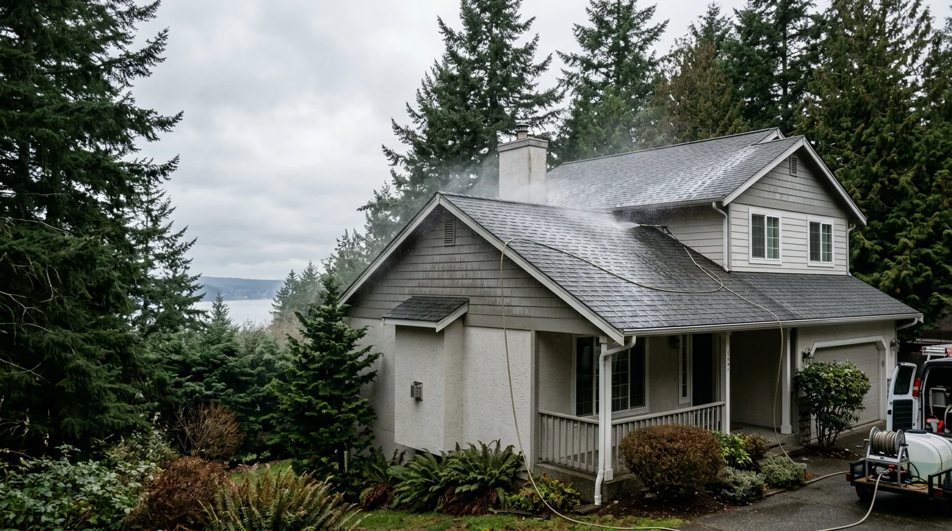 Soft wash roof cleaning in progress on a two-story asphalt shingle home in Port Orchard, WA, with Douglas fir trees visible in the background and Sinclair Inlet in the distance.