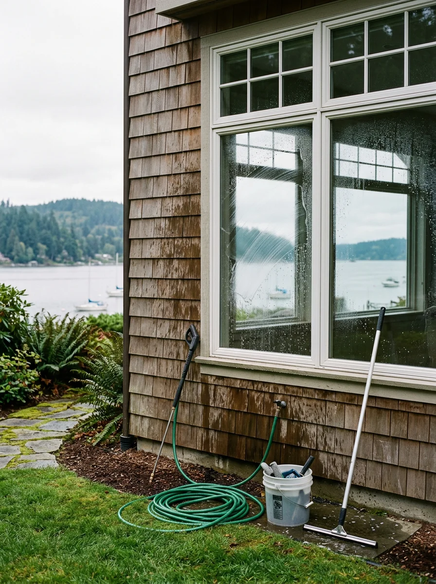 Exterior window cleaning on a west-facing Poulsbo home overlooking Liberty Bay, with salt haze and rain spotting being removed from large view windows.