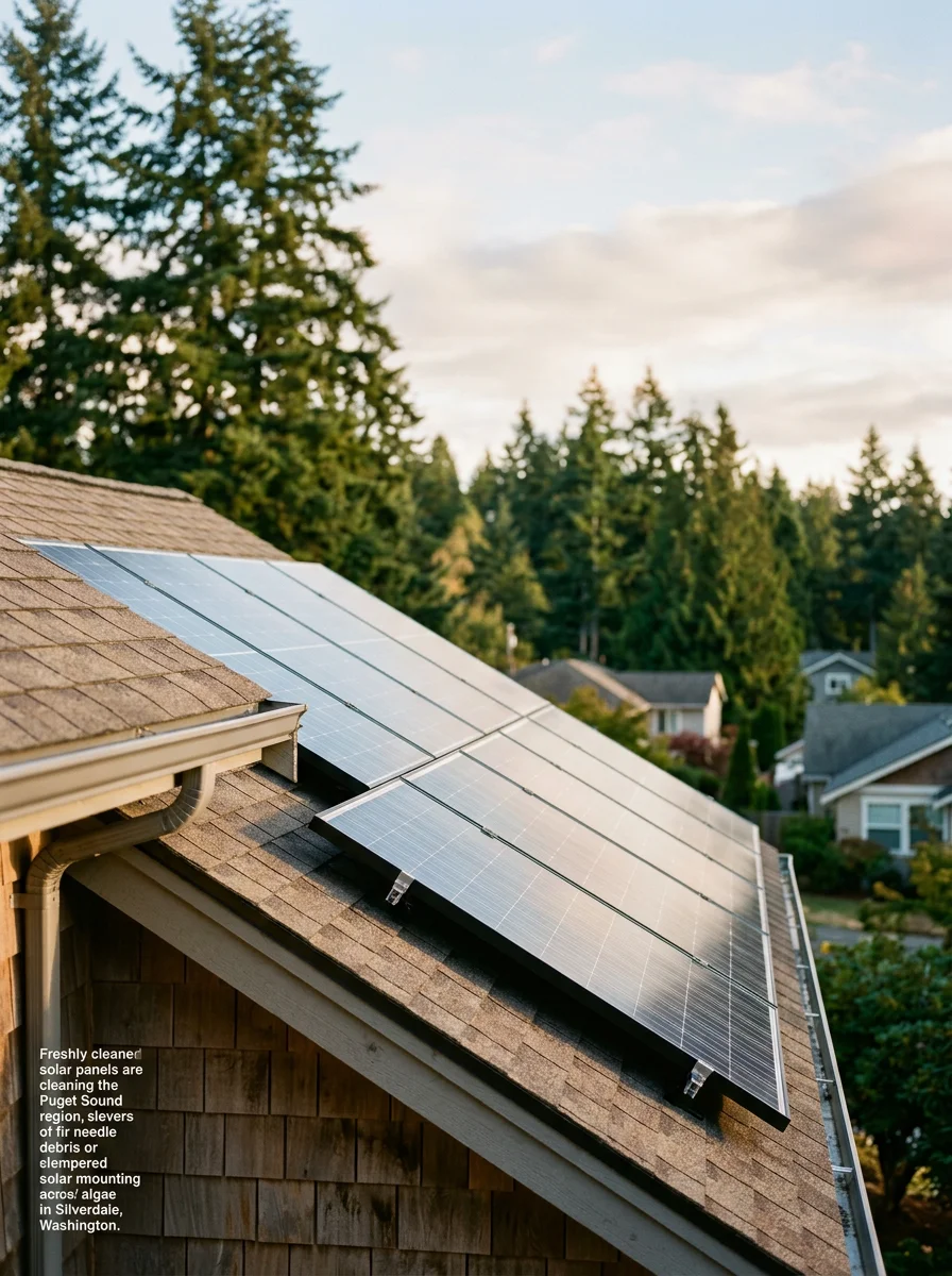Solar panels on a Silverdale home being cleaned to remove pollen and algae film, with the south-facing rooftop clear of fir needle debris after service.