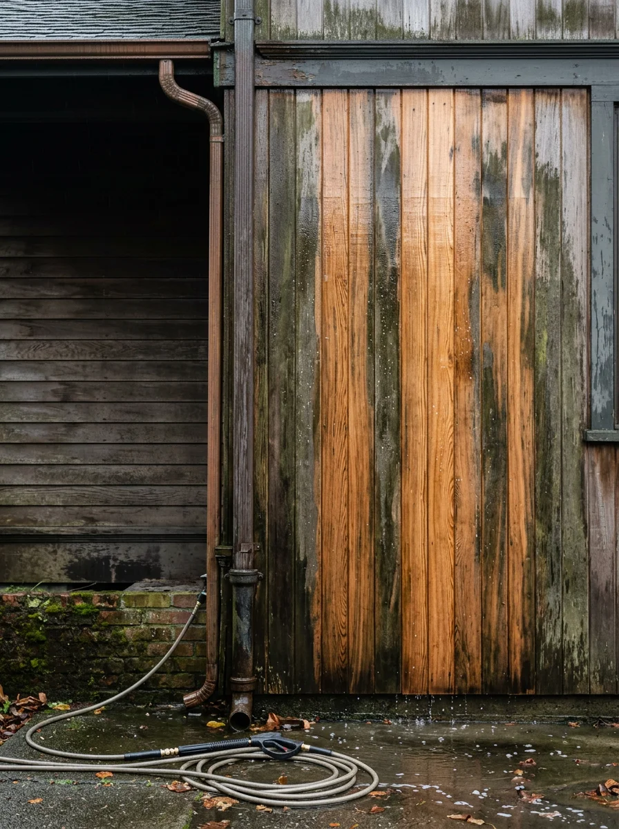 House washing in progress on a wood-sided home in Tacoma's Stadium District, with green algae streaking being removed from the north-facing exterior wall near Commencement Bay.