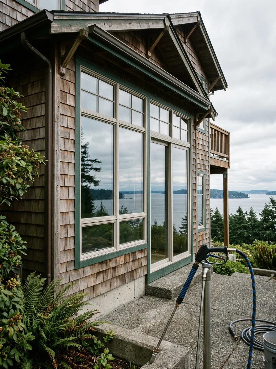 Exterior window cleaning on a west-facing University Place home overlooking Puget Sound, with salt haze and rain spotting being removed from large view windows on the bluff.