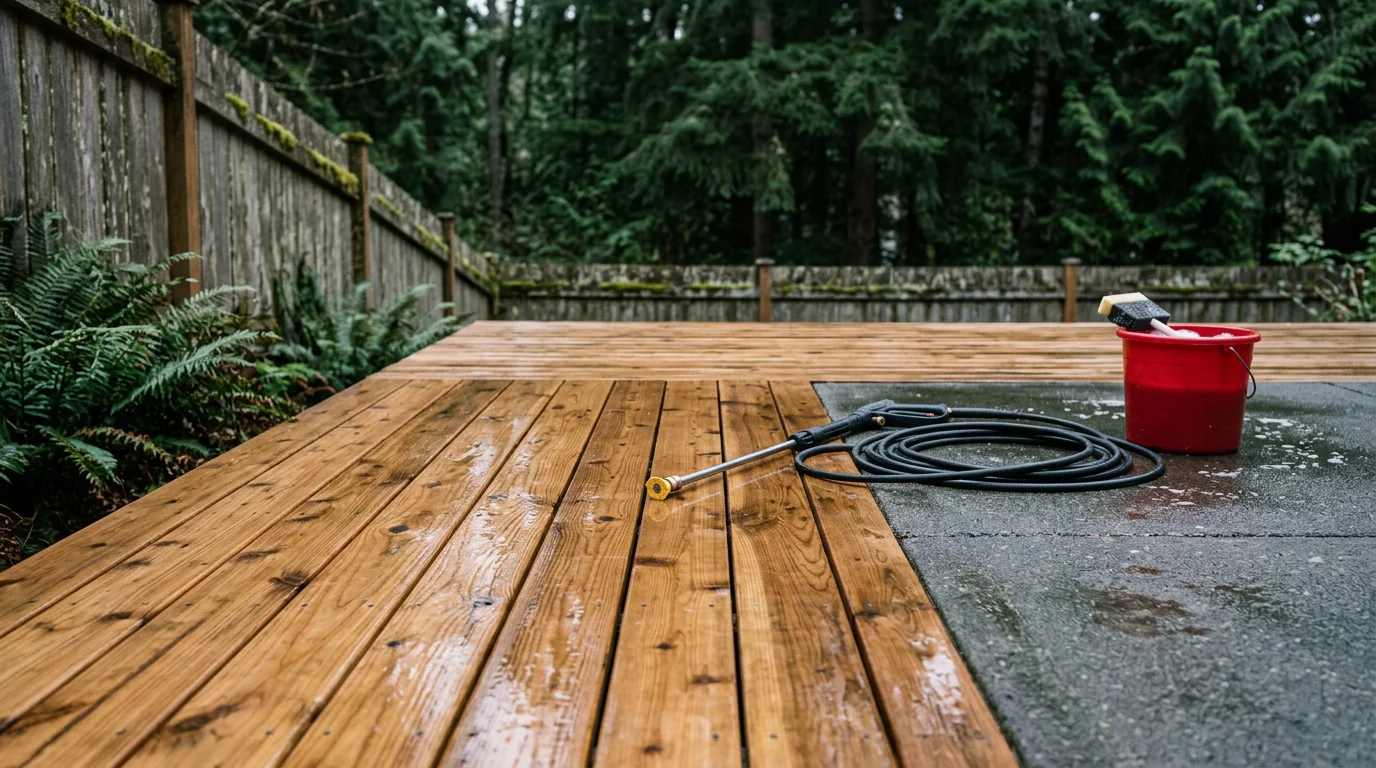 A residential wood deck in Port Orchard, Washington after professional cleaning, showing restored board color with moss and algae removed. The Kitsap Peninsula tree line is visible in the background.