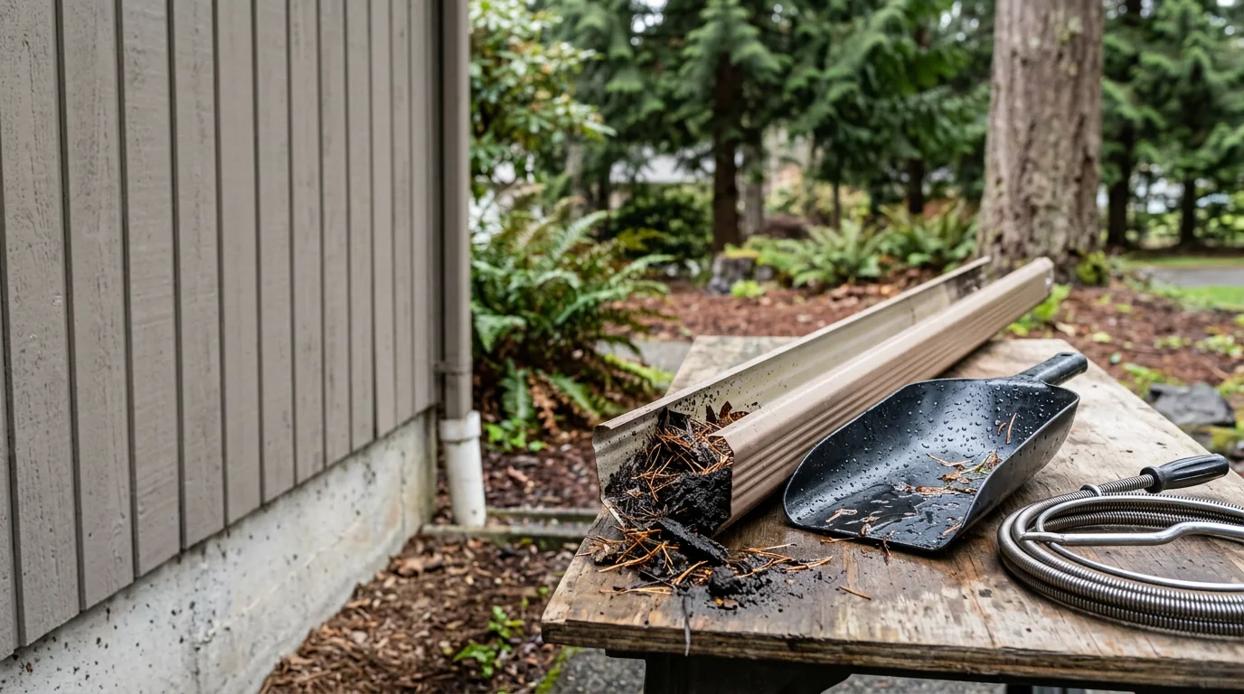 A residential downspout on a Port Orchard home with clear water flowing freely from the outlet onto a gravel drainage area after a cleaning service. Wet leaves and pine needle debris are visible in a pile beside the downspout base.