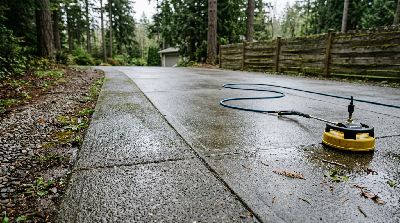 A concrete driveway in Port Orchard, Washington being pressure washed, showing a clear contrast between the dark moss-covered surface and the clean, restored concrete. Surrounding Pacific Northwest evergreen trees and a residential home are visible in the background.