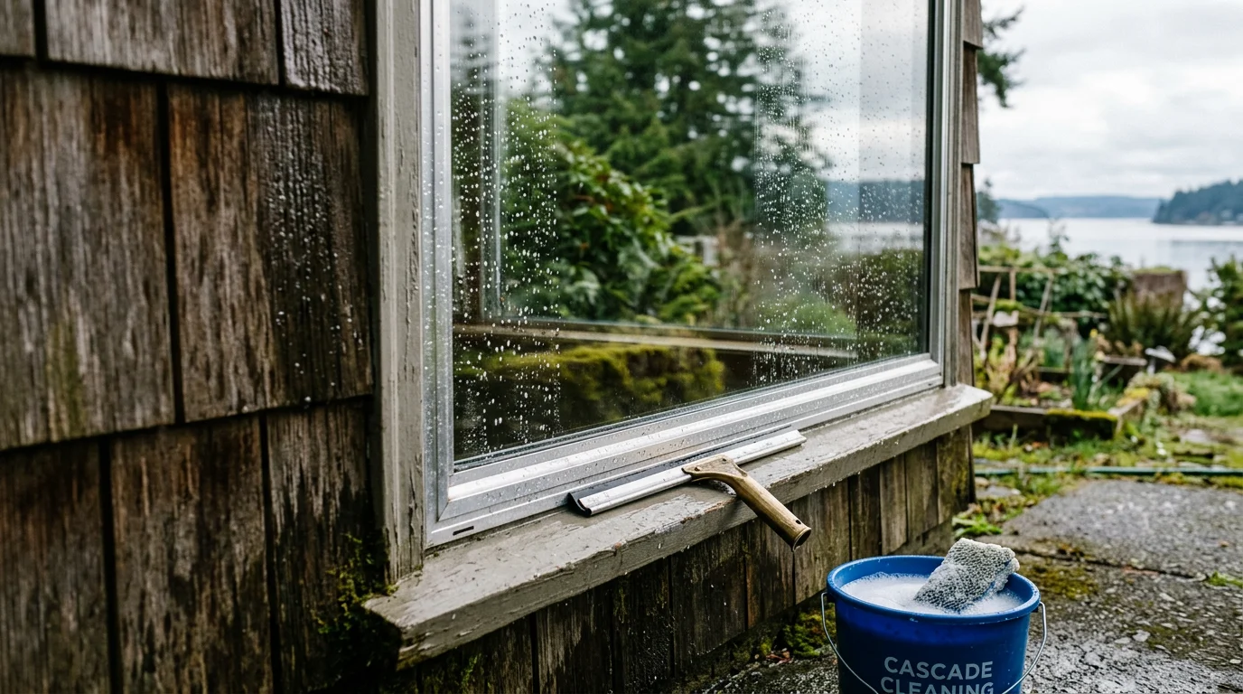 A Port Orchard residential home with clean, streak-free exterior windows reflecting the surrounding evergreen tree line after a professional window cleaning service. Window frames and tracks are visibly free of pollen film and seasonal grime common to the Kitsap Peninsula.