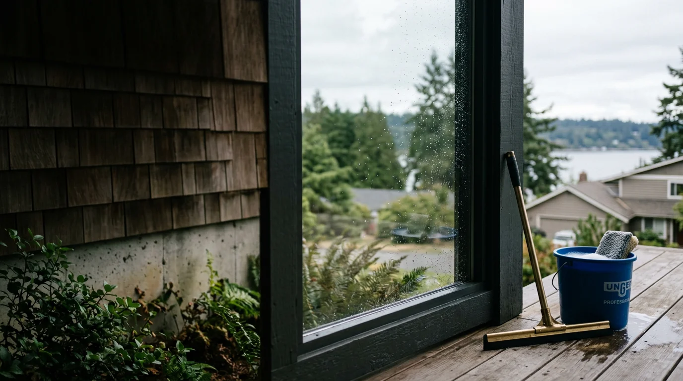 A Port Orchard home's exterior windows and sliding glass door after professional glass cleaning, showing clear, streak-free panes with no visible mineral spots or salt haze. The cleaned glass reflects the surrounding Pacific Northwest tree line without clouding or white residue.