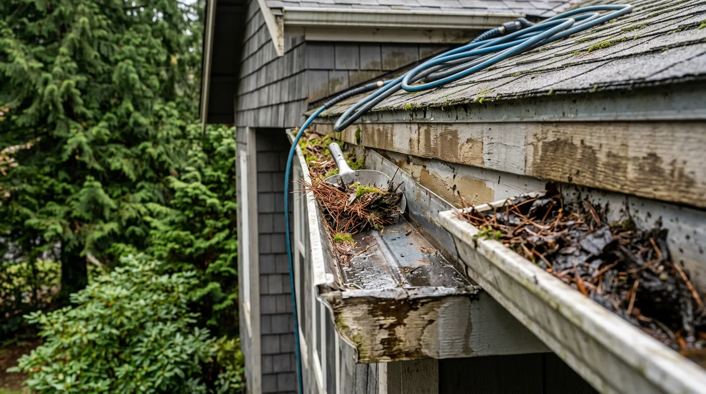 A cleaned residential gutter on a Port Orchard home with pine needles and leaf debris removed, showing clear water flow through the downspout. The surrounding Kitsap Peninsula tree line is visible in the background.