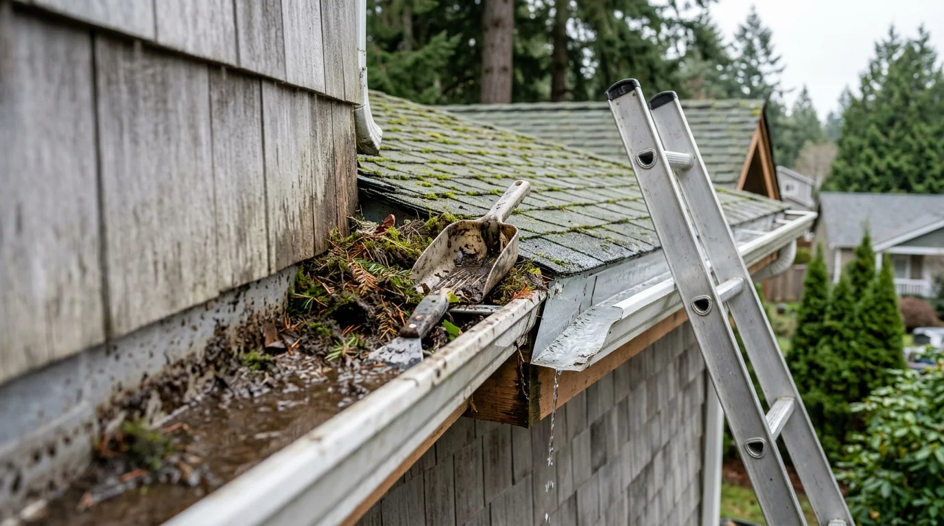 A gutter on a Port Orchard home packed with wet pine needles, leaves, and dark sludge being cleared by a gutter cleaning technician. The cleaned section shows an open, debris-free channel ready to handle Pacific Northwest rainfall.