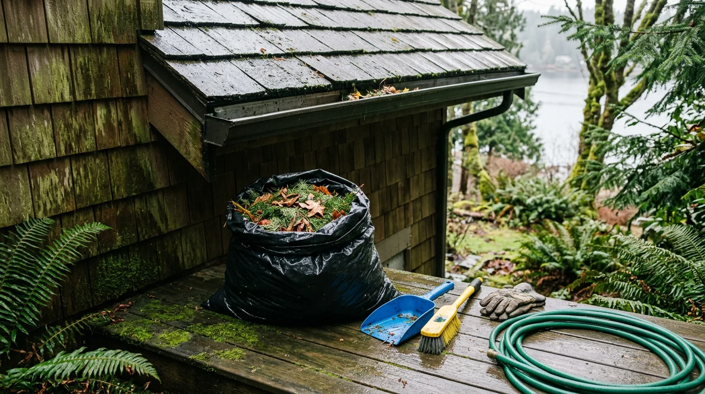 A gutter channel on a Port Orchard home packed with wet leaves, pine needles, and twigs being cleared by a technician. The surrounding yard shows tall evergreen trees typical of the Kitsap Peninsula.