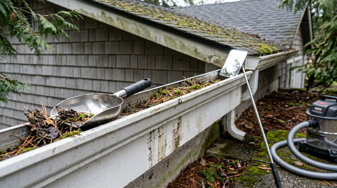 A gutter professional inspecting the condition of a residential gutter system on a home in Port Orchard, Washington, checking for sagging sections and debris buildup along the roofline.