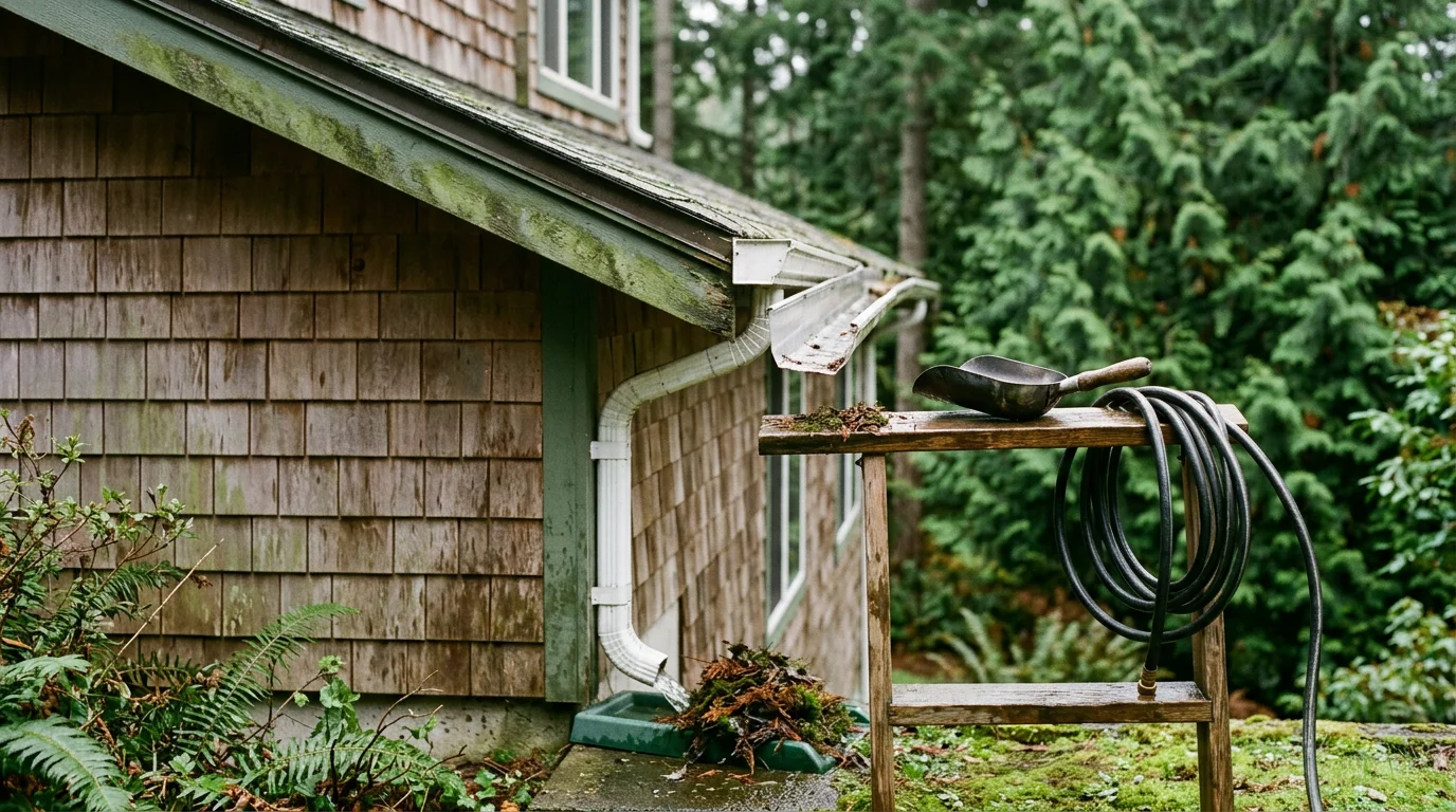 A gutter system on a single-family home in Port Orchard, Washington, showing clear channels and properly seated sections after a maintenance visit. Evergreen trees are visible in the background, reflecting the tree-heavy conditions common across the Kitsap Peninsula.