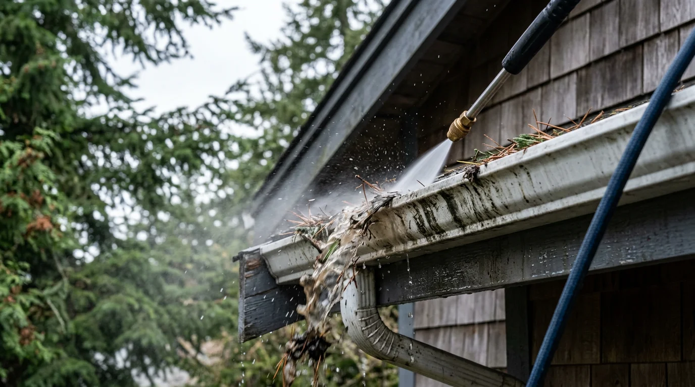 A gutter on a Port Orchard home being pressure washed, showing dark algae streaks and compacted pine needle debris being cleared from the channel. Water streams from the downspout onto the ground below after the flush.