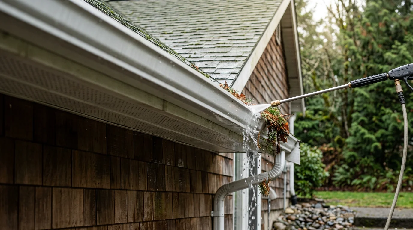 A cleaned residential gutter channel on a Port Orchard home with water flowing freely through a clear downspout after debris removal. Pine needles and leaf buildup have been removed from the trough, showing the bare metal channel and a dry fascia board.