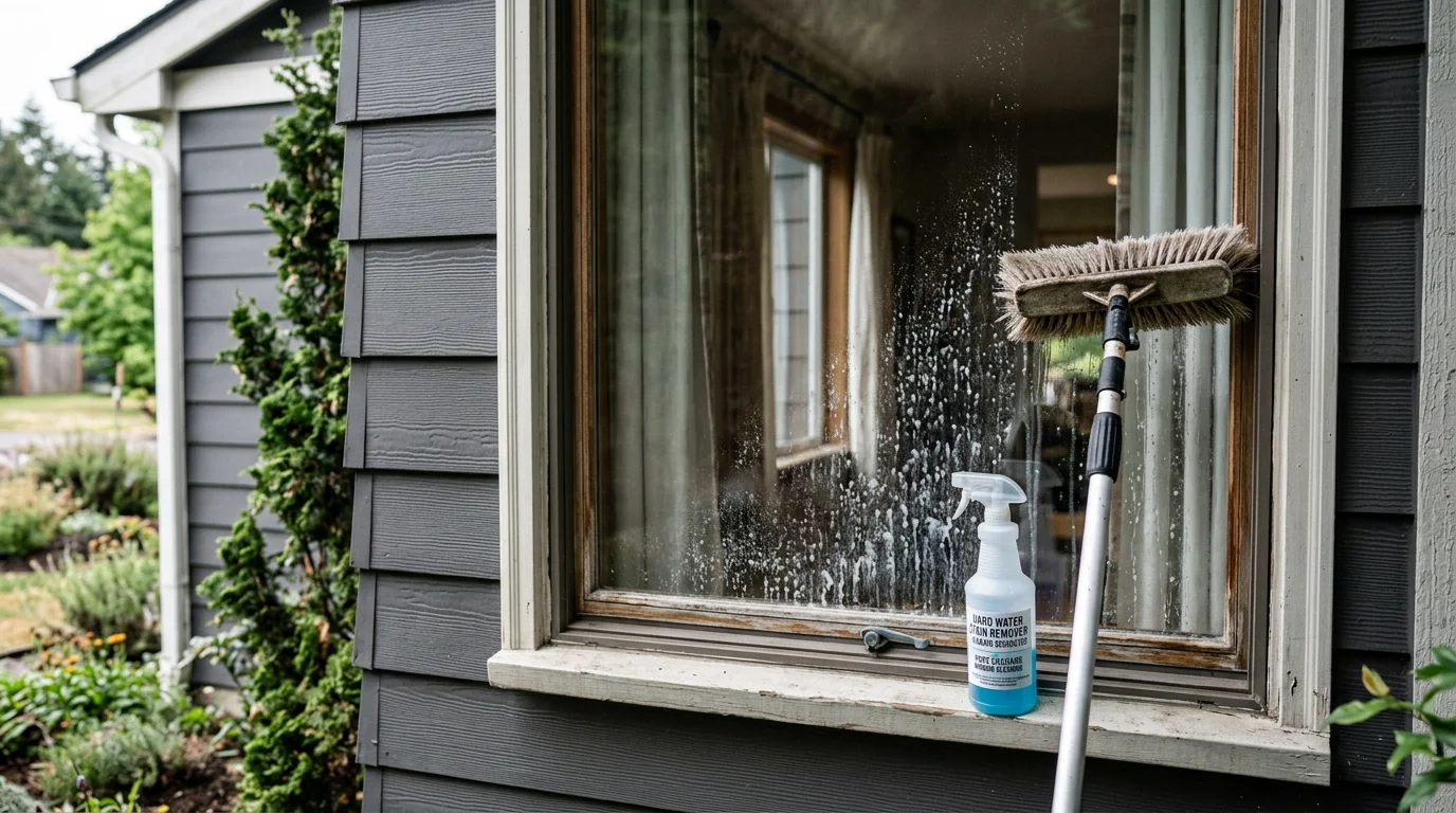 Close-up of a residential window in Port Orchard showing before-and-after hard water spot removal, with cloudy mineral deposits on one side and clear, streak-free glass on the other. A Kitsap Peninsula home exterior is visible in the background.
