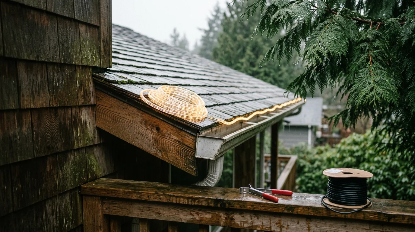 Holiday lights installed along the roofline and eaves of a residential home in Port Orchard, Washington, glowing against a dark, overcast Kitsap Peninsula evening sky. The display runs cleanly across the fascia and gutter line with no visible clips or sagging cord.