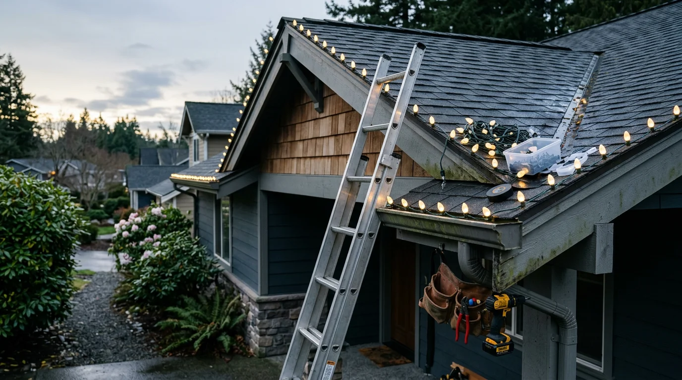 Holiday lights installed along the roofline and eaves of a residential home in Port Orchard, Washington, with wet evergreen trees visible in the background. The lights follow the full outline of the roofline in a clean, even line against a gray Pacific Northwest winter sky.