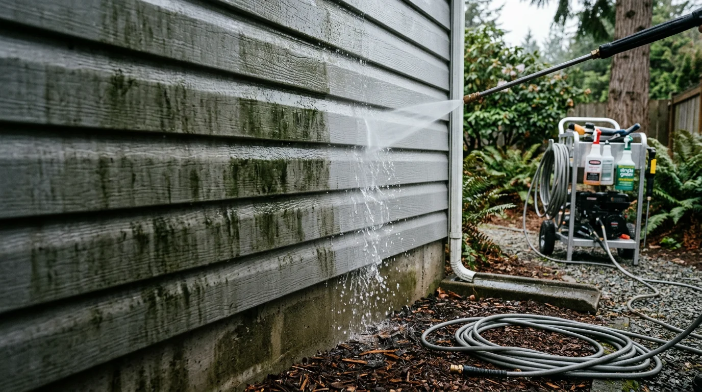 A Port Orchard home's exterior siding being rinsed clean, with green algae and mildew streaks removed from the shaded north-facing walls. The eaves and soffits show a fresh, clean surface after the house rinsing service.