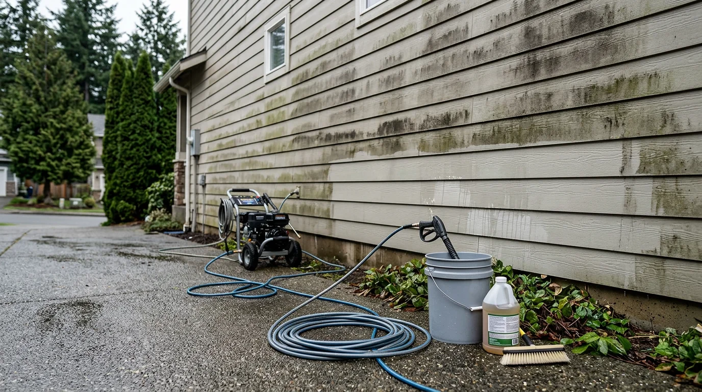 A Port Orchard home with freshly washed vinyl siding showing clean, streak-free panels after moss and algae removal. The exterior walls contrast clearly against surrounding evergreen trees typical of the Kitsap Peninsula.