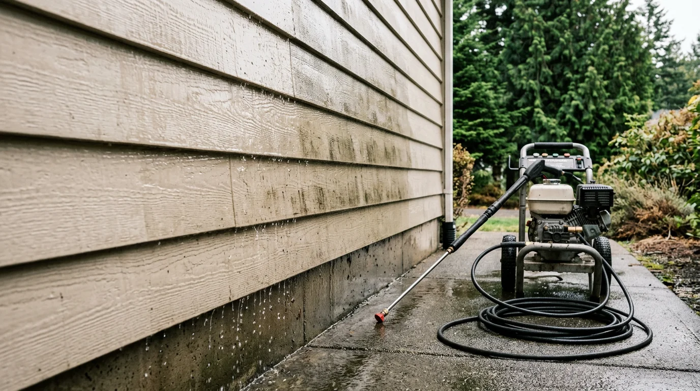 A residential home in Port Orchard, Washington with clean siding after professional house washing, showing no algae or mildew staining on the exterior walls and trim. The home sits on a shaded lot typical of the Kitsap County area.