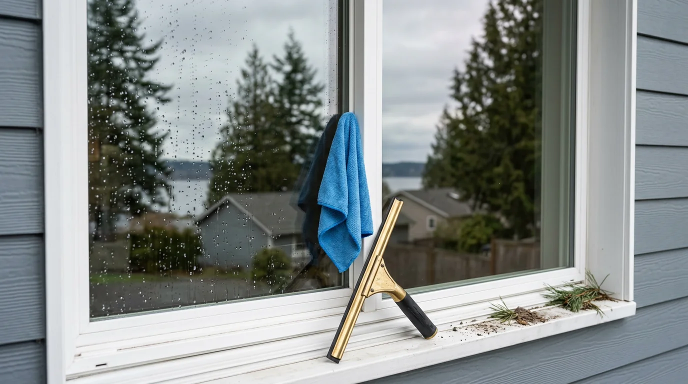 A Port Orchard residential home with freshly cleaned exterior windows reflecting clear sky, showing streak-free glass on a two-story Pacific Northwest style house. Window tracks and screens are visible and clean alongside the polished panes.
