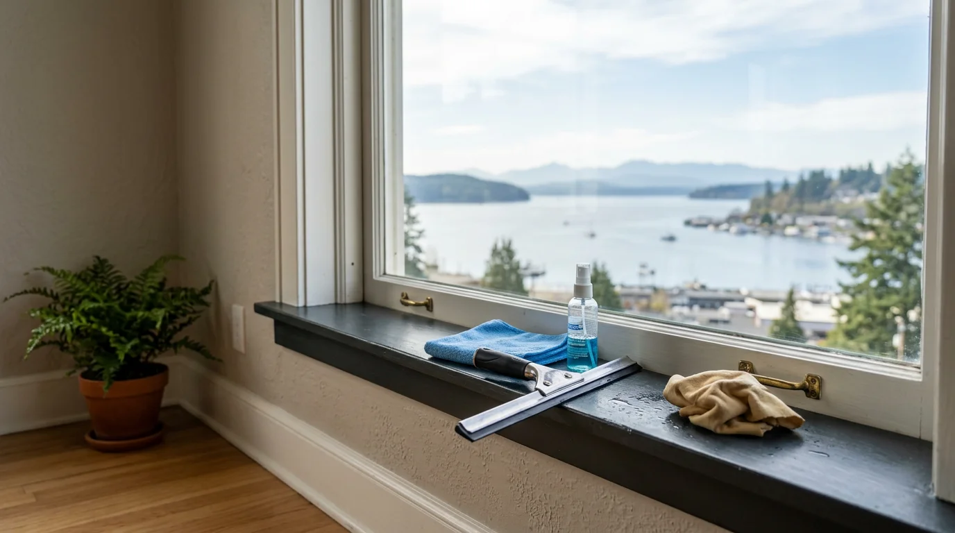 Interior view of a Port Orchard home showing freshly cleaned window glass with no streaks or haze, looking out toward a residential yard. A window cleaner wipes the inside pane of a double-hung window in a bright living room.