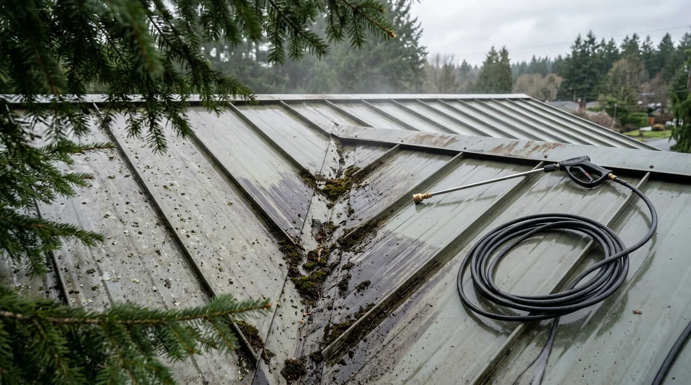 A metal roof on a residential home in Port Orchard, Washington, showing clean panels free of moss, algae streaks, and debris after professional exterior cleaning. The surrounding tree cover and overcast Pacific Northwest sky are visible in the background.