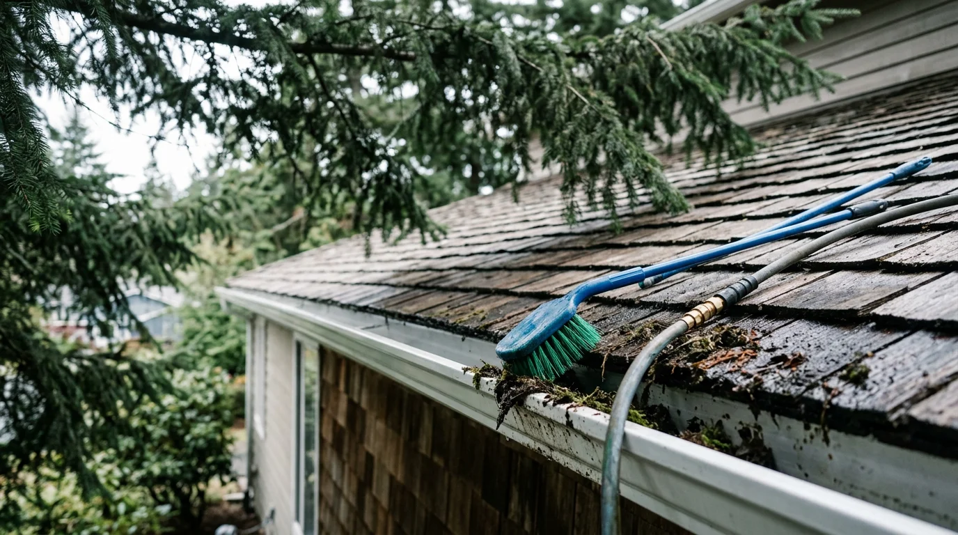 Moss-covered roof shingles on a residential home in Port Orchard, Washington, with thick green growth along the north-facing slope beneath a canopy of evergreen trees. A cleaned section of the same roof shows bare, intact shingles after professional moss removal.