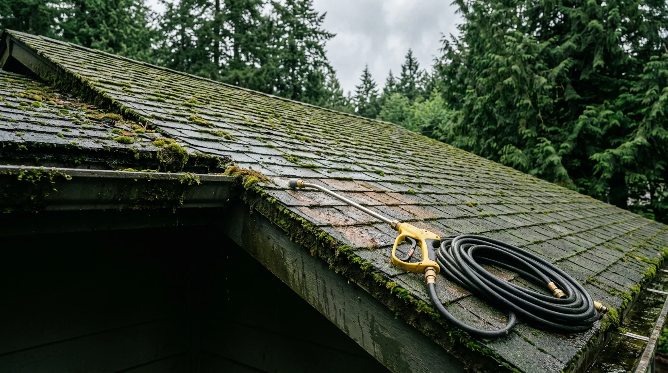 A Port Orchard residential roof showing green moss growth across asphalt shingles, with tall evergreen trees visible in the background. Close-up view of shingle surface before professional moss treatment.