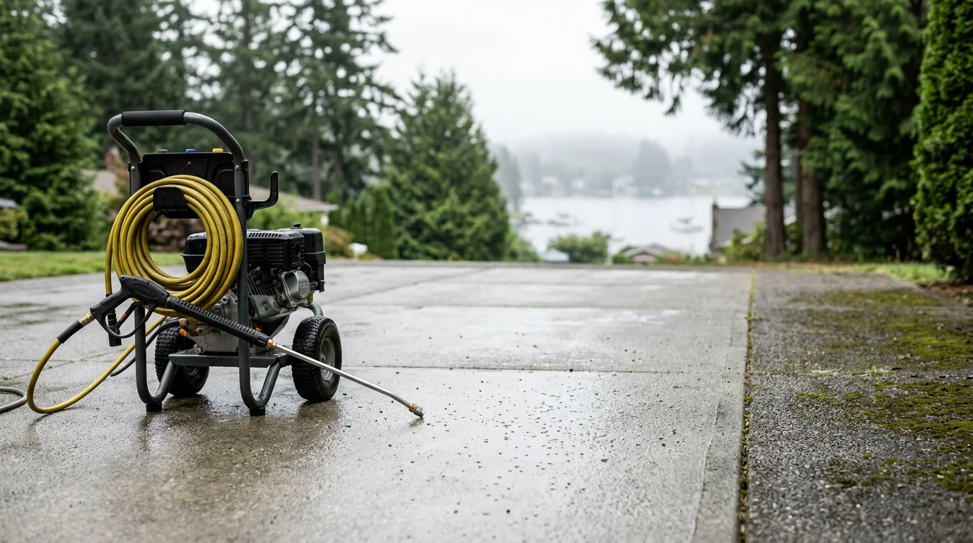 A concrete driveway in Port Orchard, Washington being pressure washed, showing a clear line between cleaned and moss-stained surface. Tall evergreen trees are visible in the background, typical of South Kitsap residential properties.