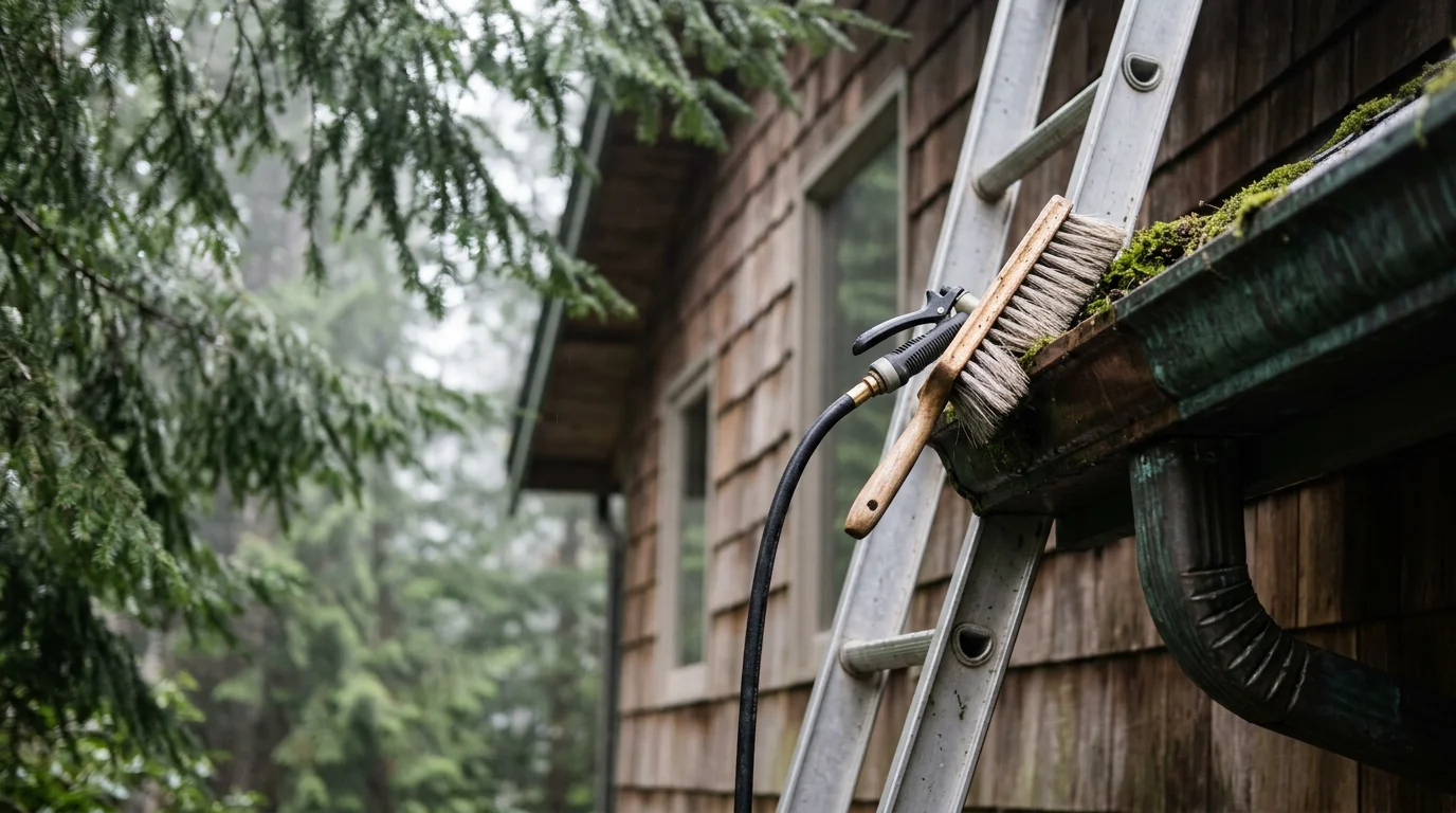 A residential roof in Port Orchard, Washington with thick green moss removed from north-facing shingles, showing clean, intact roofing surface after professional moss removal service.
