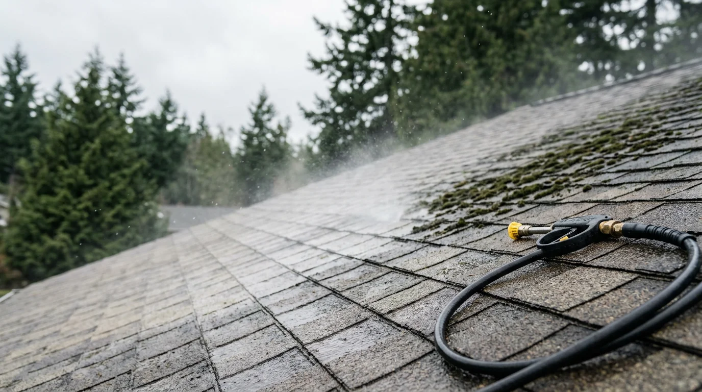A Port Orchard home roof after professional cleaning, showing shingles cleared of moss, algae streaks, and pine needle debris. The roof surface is visibly clean against a backdrop of Pacific Northwest evergreen trees.