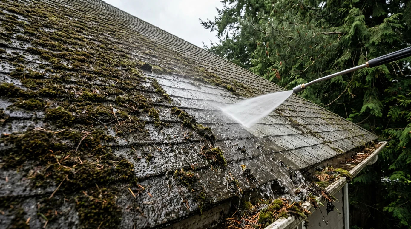 A Port Orchard residential roof after rinsing, showing clean shingles free of green moss patches and dark algae streaks. Evergreen trees visible in the background reflect the typical Kitsap Peninsula setting where organic roof growth is common.