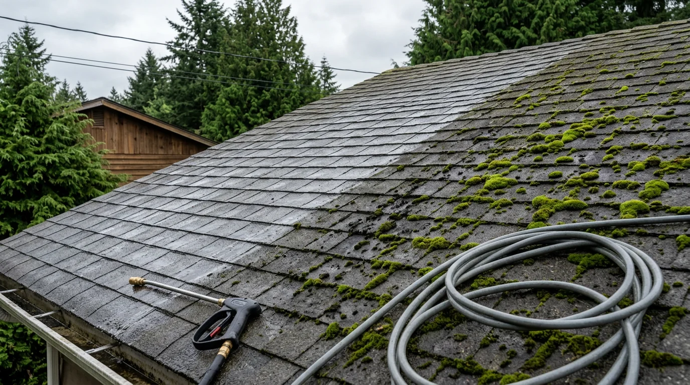 A residential roof in Port Orchard, Washington after professional moss treatment, showing clean shingles with no green growth or dark algae streaking. Surrounding evergreen trees and overcast Puget Sound sky visible in the background.