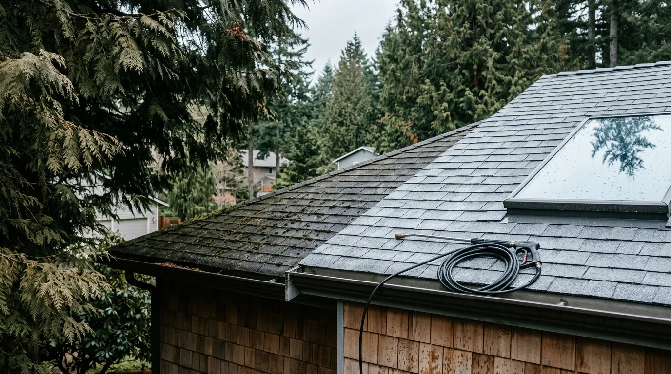A rooftop in Port Orchard, Washington after professional cleaning, showing clear skylight glass and shingles free of moss and algae streaks. Surrounding fir trees and overcast Kitsap Peninsula sky visible in the background.