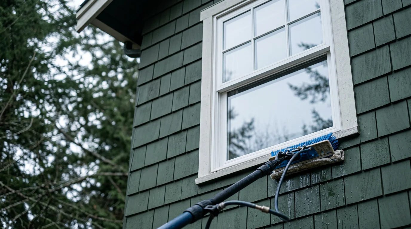 A two-story residential home in Port Orchard, Washington with clean, streak-free upper-floor windows reflecting clear sky after professional second-story window cleaning. The second-story panes are visibly clear compared to the surrounding weathered exterior trim.