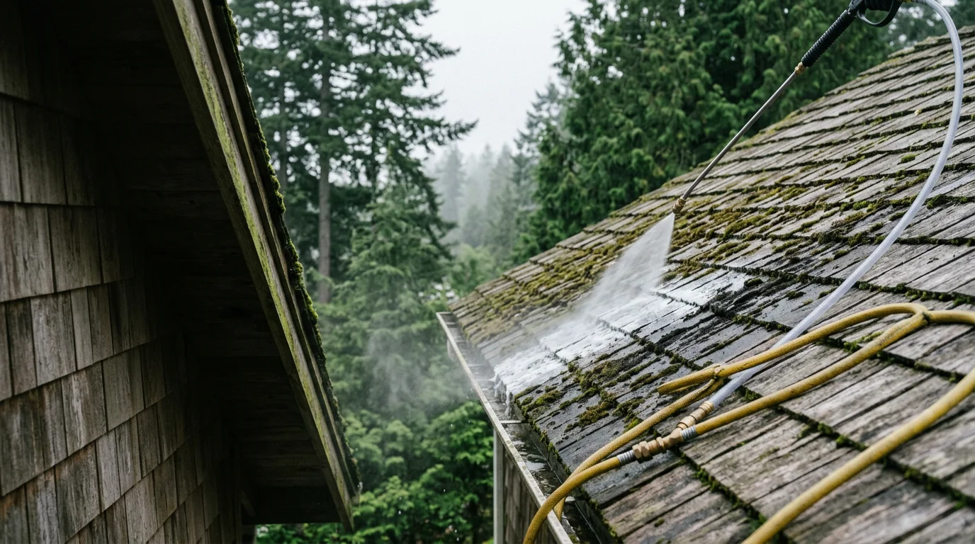 A Port Orchard home's siding shown before and after soft wash cleaning, with green algae and dark streaking removed from the exterior surface. The cleaned panels are visible against a backdrop of Pacific Northwest evergreen trees.